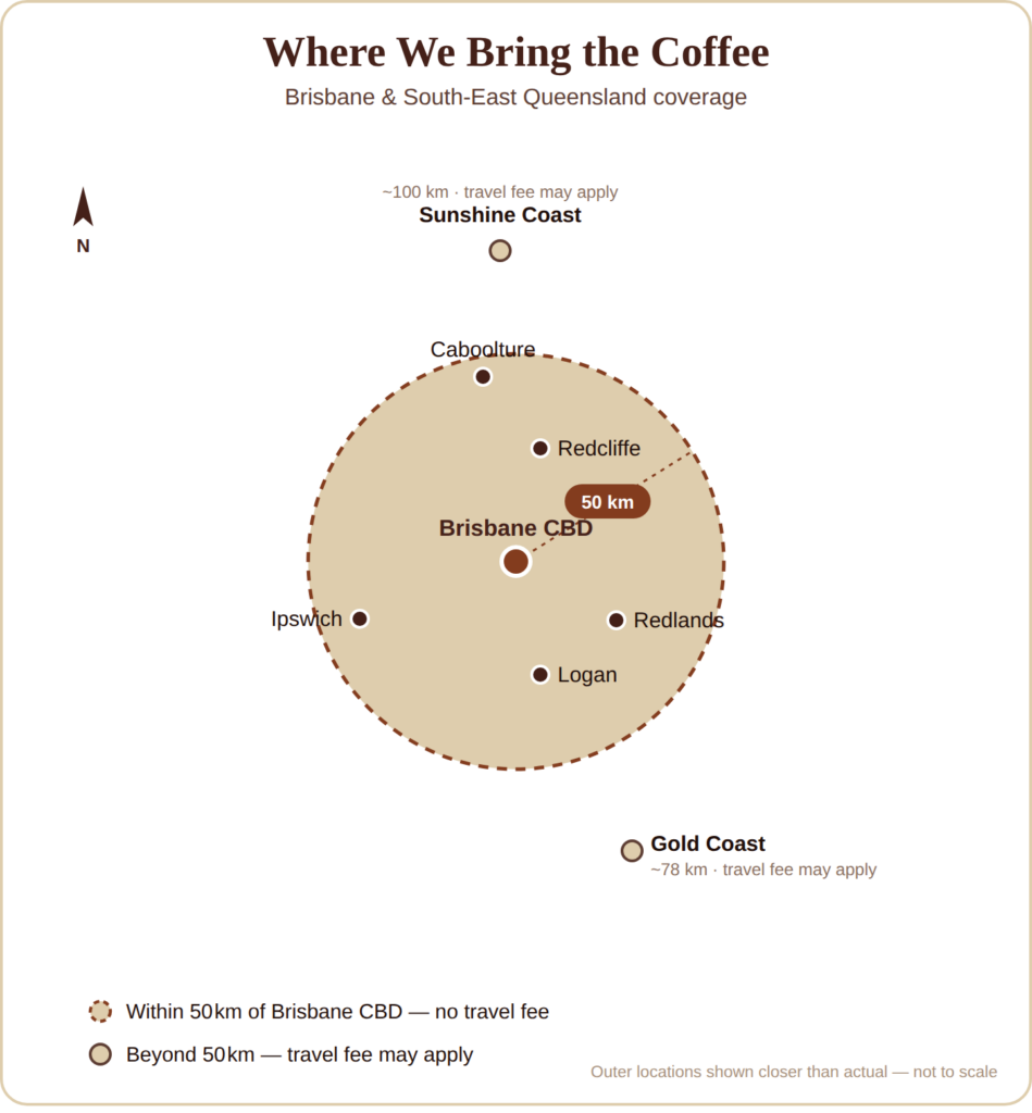 Map of Brisbane Coffee Cart Hire's service area across Brisbane and South-East Queensland, showing the 50km no-travel-fee zone